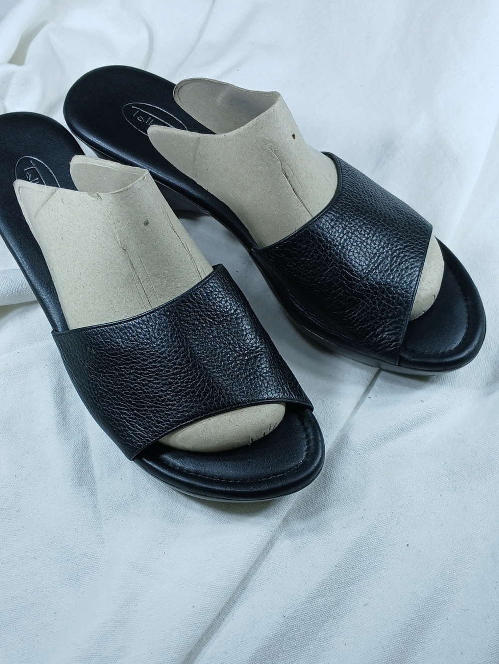 Talbots womens Black Open-Toe Leather Slide Mules